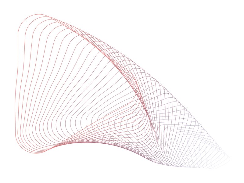 An abstract vector image using fine lines and subtle shades of blue, red and yellow